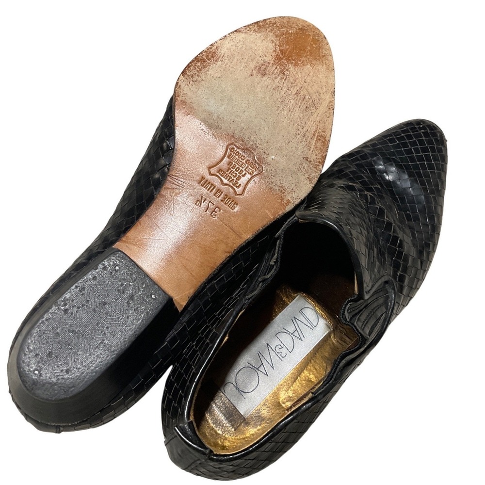 David & Joan Loafers Woven Leather Black 37.5 Vintage Italian Pointed Toe Shoe